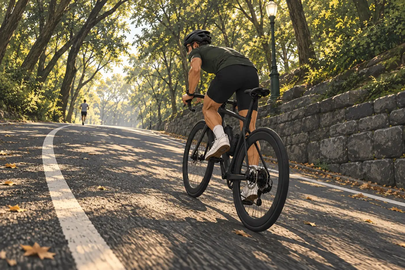 A cyclist riding up a tree-lined stretch of the Central Park drive.